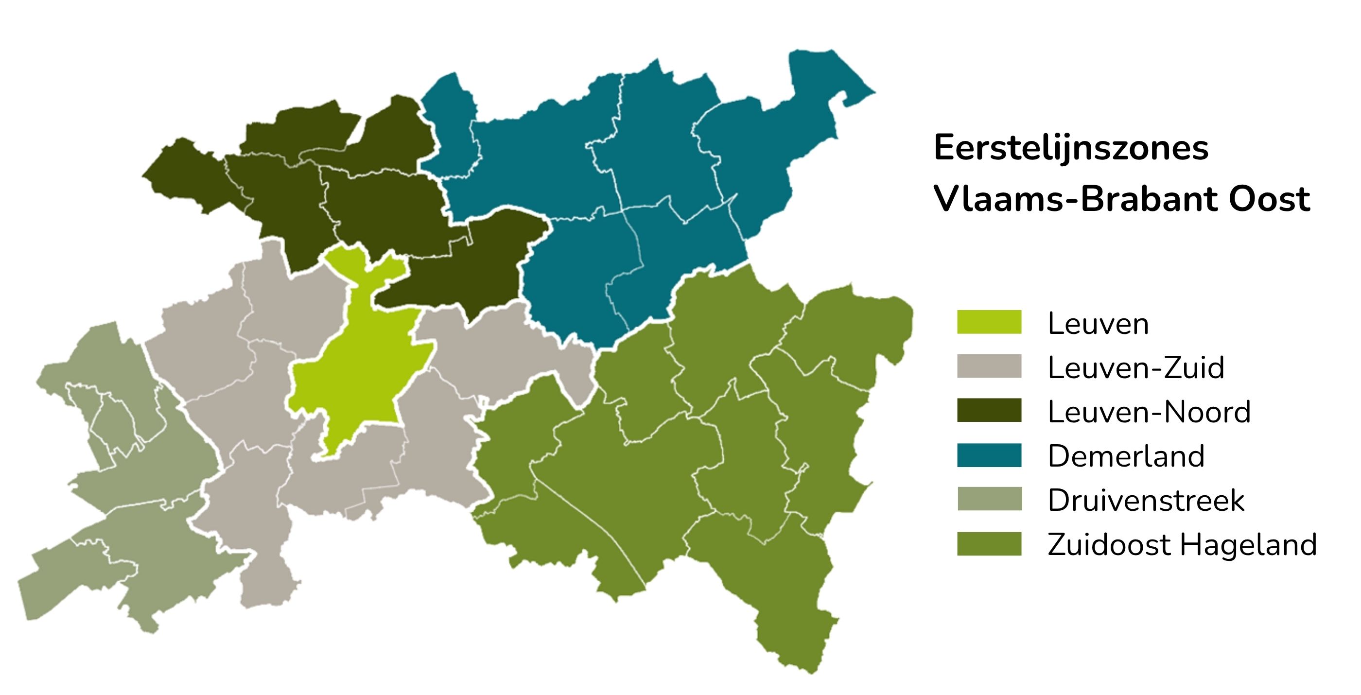 Kaart met de eerstelijnszones in de regio Vlaams-Brabant Oost